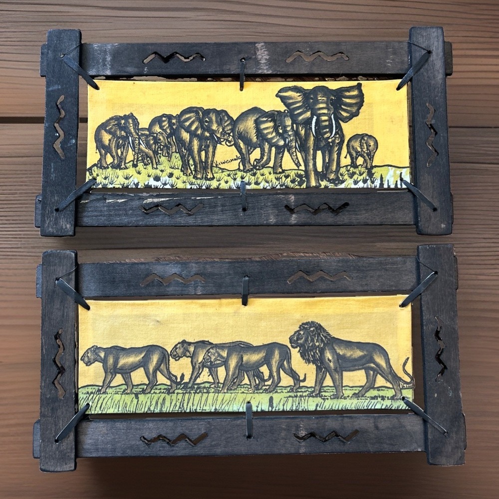 Kiwanuka Nairobi Signed African Batik Fabric Art Painting Safari Lions Elephants